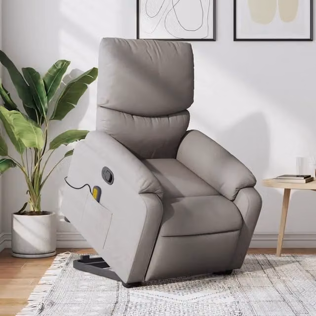 Poltrona relax reclinabile vidaXL per anziani in tessuto e similpelle beige e grigio con braccioli e leva manuale – 1