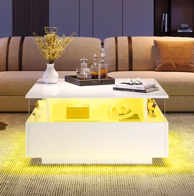 Tavolino da caffè bianco lucido con LED, 2 cassetti e vano trasparente 70×70×41 cm