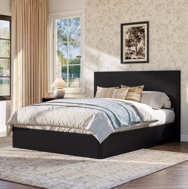 Letto contenitore ULEVR 160x200 cm con sollevamento idraulico e testiera a scanalature, nero lucido