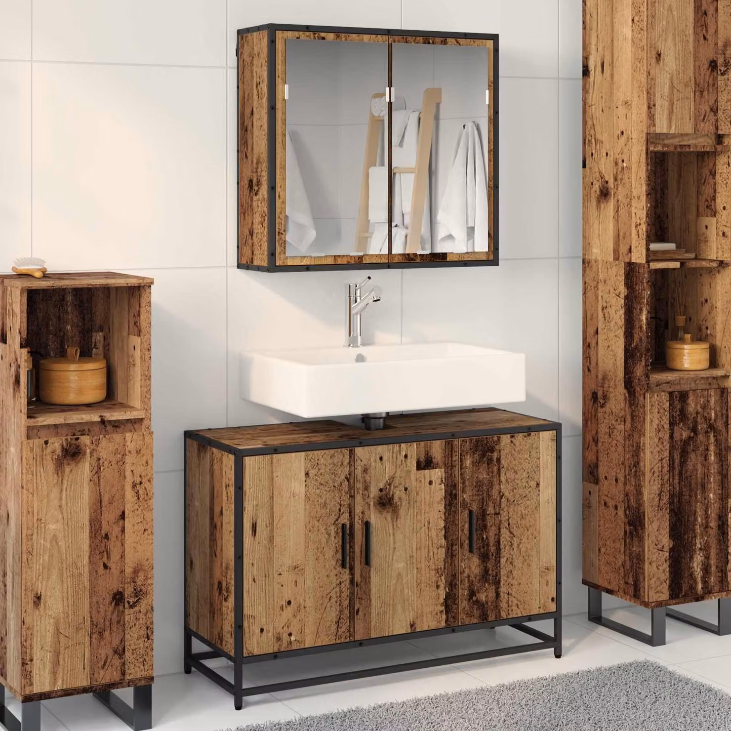 Set di mobili per il bagno vidaXL composto da mobile lavabo e armadietto con specchio in legno vecchio e metallo, marrone, L 90 cm x P 33 cm x H 60 cm