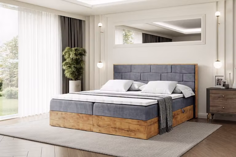 Letto boxspring ALTDECOR LOLLI8 con materasso H4 + topper, testiera e contenitore in legno - 200x200 - Velluto grigio scuro