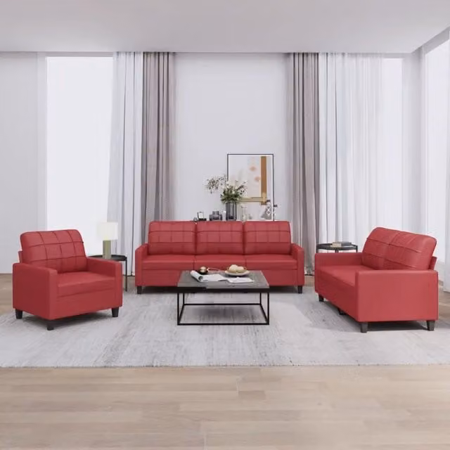 Set di divani 3 pezzi vidaXL in similpelle rossa con cuscini per soggiorno in stile moderno