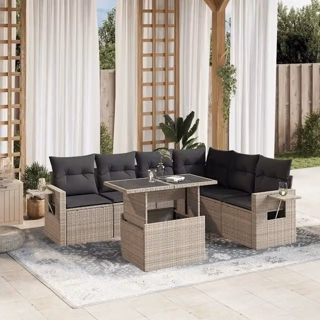 Set da giardino a L vidaXL in polyrattan antracite con 7 pezzi, divano 3 posti, poltrone, tavolino e cuscini inclusi – 1