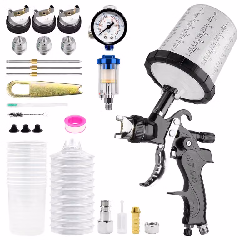 Set di pistole a spruzzo ad aria con ugelli da 1,4/1,7/2,0 mm, regolatore di pressione dell'aria, 10 bicchieri misuratori da 650 ml, per auto e uso domestico