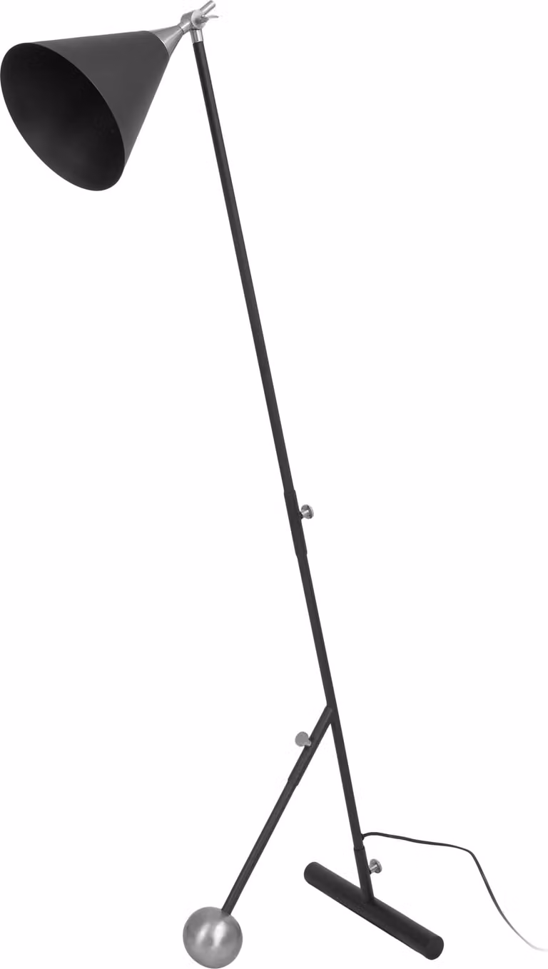 Lampada da terra Padiro, dimensioni 59 x 32 x 144 cm, colore nero e argento, realizzata in metallo, con paralume inclinato e elemento decorativo a peso