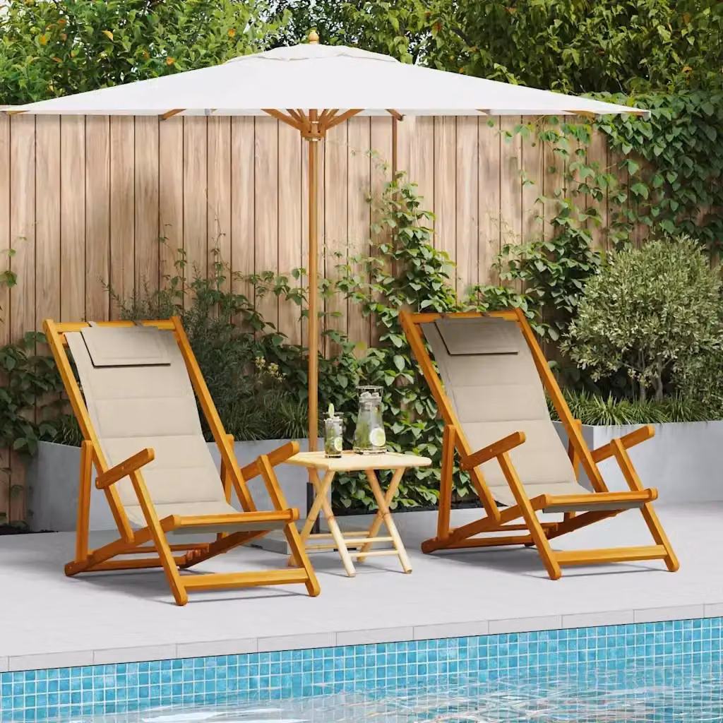 Set di 2 sedie da esterno moderne in legno di acacia con braccioli e tessuto beige e marrone L: 123 cm, P: 90 cm, H: 61,5 cm – 2