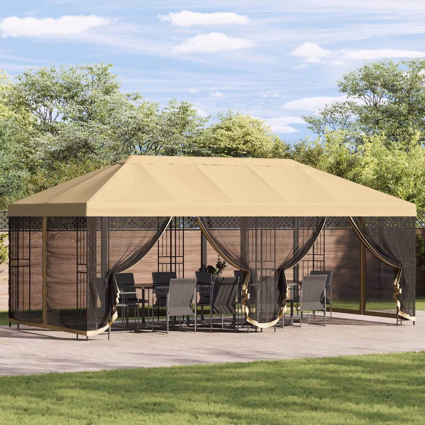 Gazebo vidaXL con pareti laterali in poliestere e acciaio, colore beige e nero, L 6 m x P 3 m