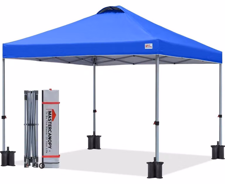 Paviglione pop-up, dimensioni 2,5x2,5 metri. Montaggio rapido, regolabile in altezza su 3 livelli, protezione UPF50+, idrorepellente, include borsa pieghevole e sacchetti di sabbia, colore blu