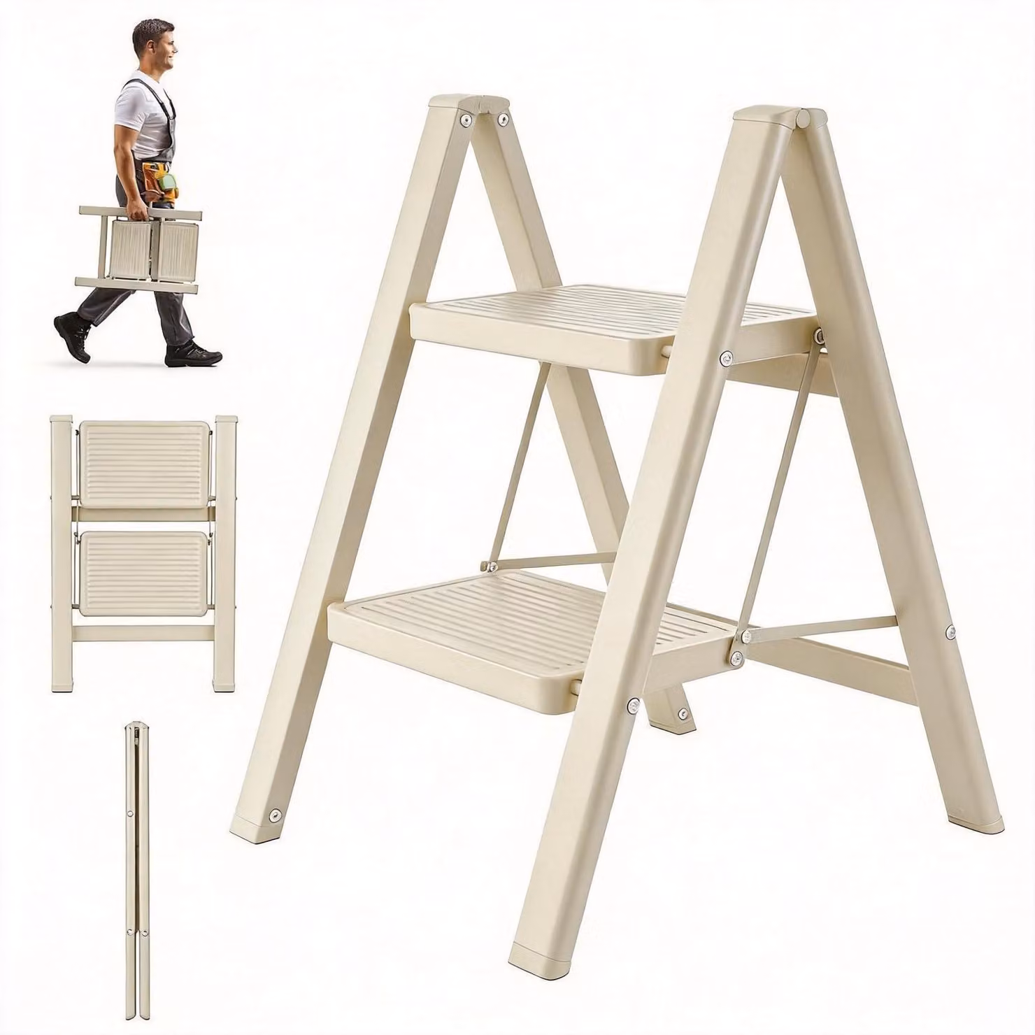 Scala a due gradini pieghevole, color crema, con capacità di carico di 150 kg e superficie antiscivolo