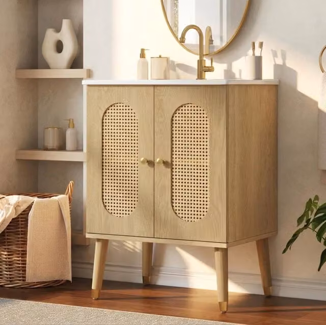 Mobile bagno freestanding con lavabo in ceramica; 61 x 47 x 89 cm; MDF effetto legno naturale