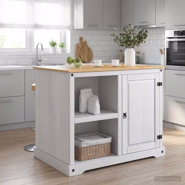 Set isola da cucina moderna vidaXL in legno di pino, Bianco e Cera di Miele, L/P/H: 112 x 77 x 91,5 cm