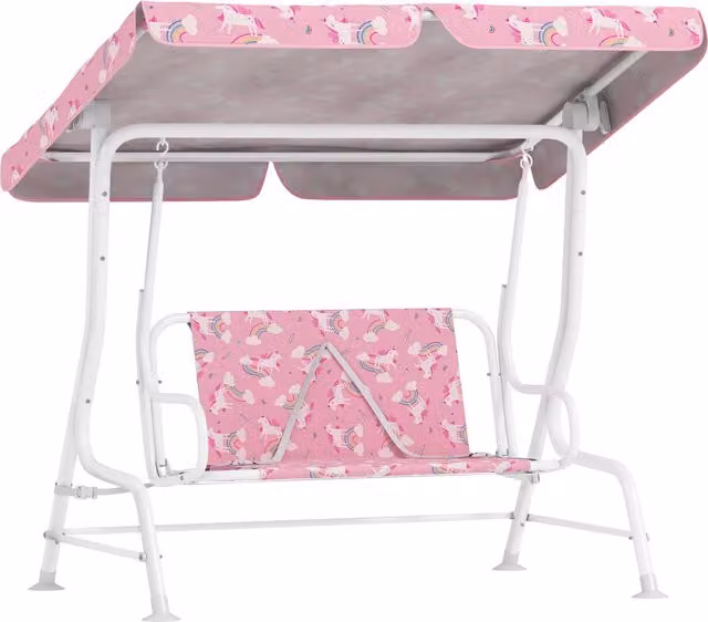 Altalena da giardino XYLO per bambini a 2 posti con tettuccio regolabile e cinture di sicurezza, tema unicorno arcobaleno, colore rosa, L/P/H: 120 x 75 x 112 cm
