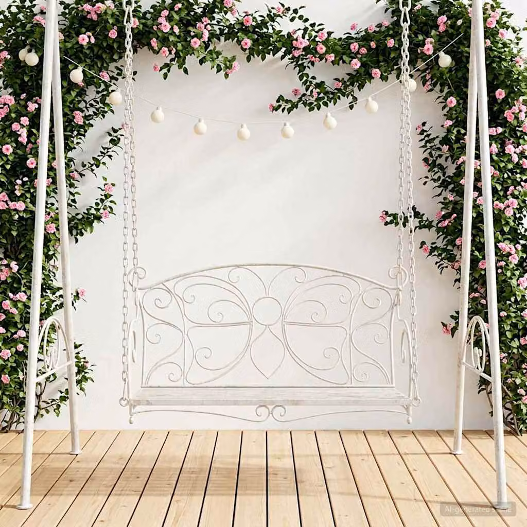 Panchina a dondolo vidaXL in acciaio verniciato bianco per giardino e terrazzo, L 105,5 cm x P 61 cm x H 56 cm