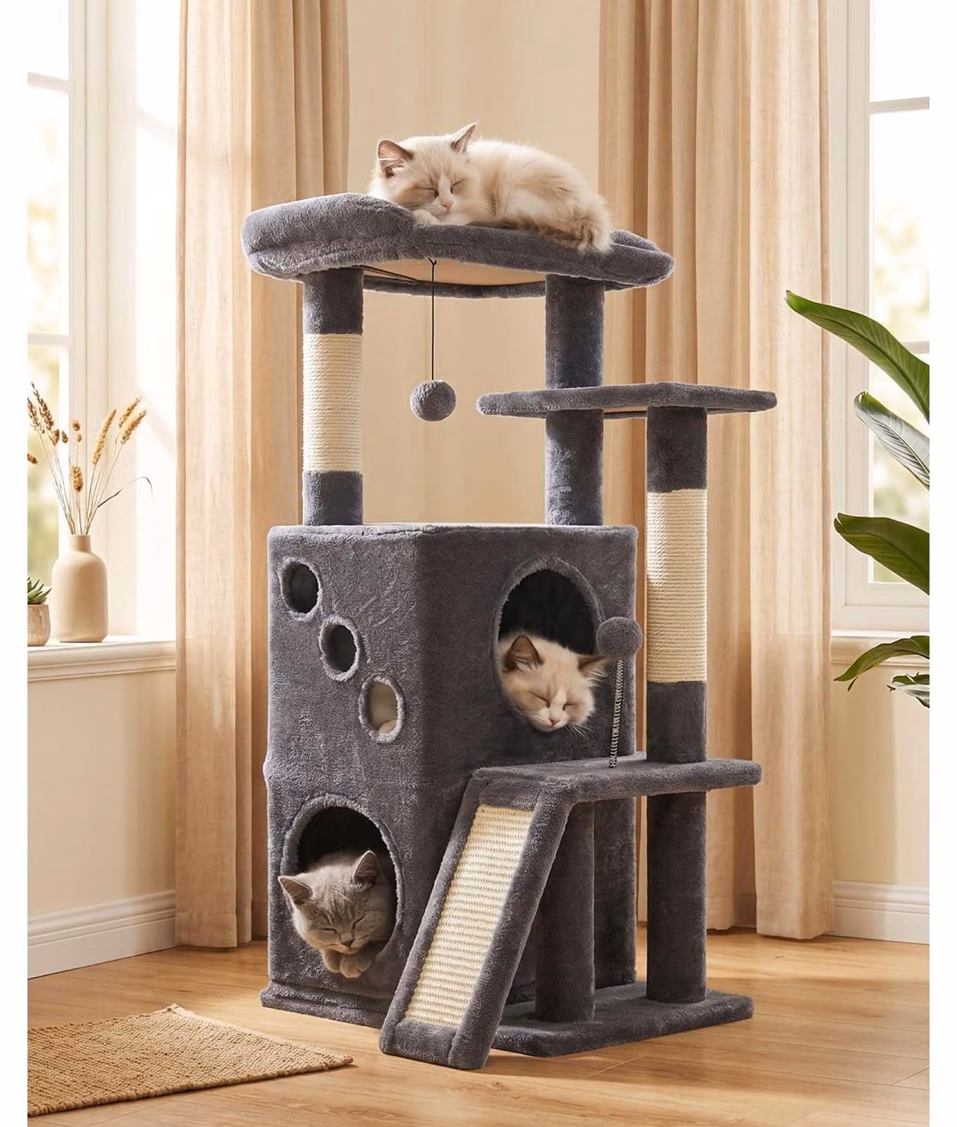 Tiragraffi albero per gatti casetta per gatti - Per gatti da interno 88 cm - Cuccia privata - Tiragraffi in sisal - Grigio scuro