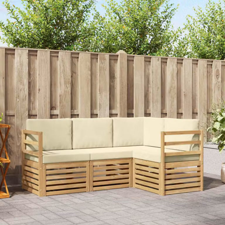 Set di divani da esterno vidaXL a forma di L in legno di acacia con cuscini inclusi, colori marrone, bianco e beige