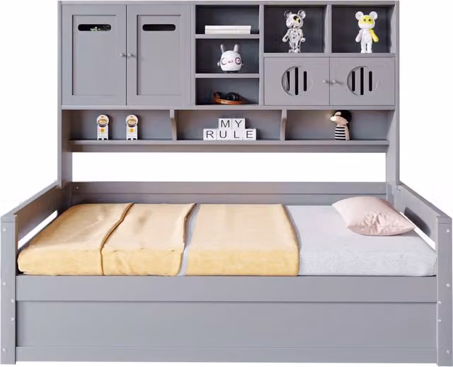 Letto singolo 90x200 in legno grigio con contenitore idraulico， senza materasso
