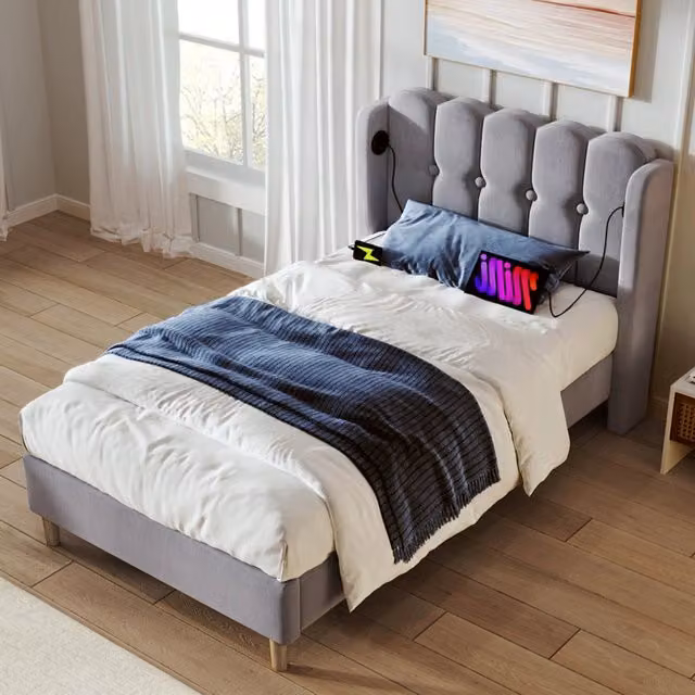 Letto singolo imbottito 90 × 200 cm con rete a doghe e ricarica usb tipo c in lino grigio
