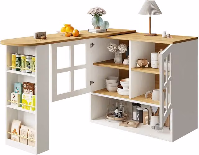Mobile Bar Chicfurn Bianco con Ante in Vetro, Ripiani Interni e Piano Girevole a 360° Estensibile L/P/H: 138 x 102,5 x 39 cm