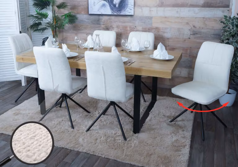 Set di 6 sedie da pranzo modello HWC-N99, sedia da cucina, girevole con sistema di ritorno automatico, rivestita in tessuto chenille (340g/m²), colore crema