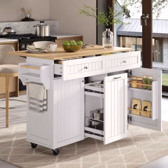 Isola da Cucina Mobile Allungabile ¨C MINIMAL ¨C Bianco, con Cassetti Multifunzione