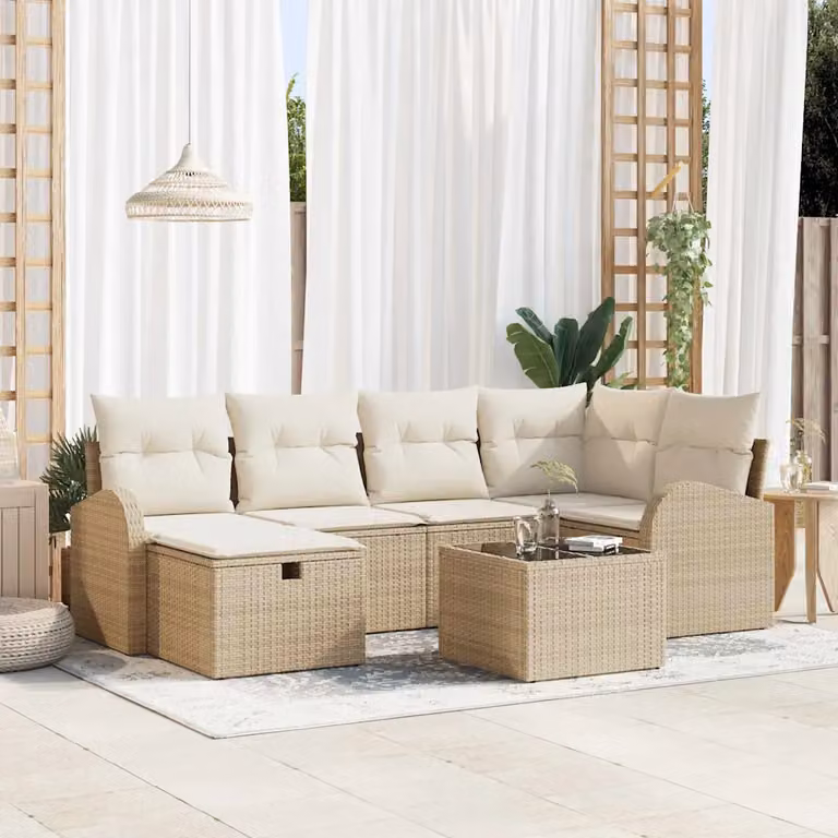 Set di divani da giardino vidaXL in polyrattan beige con 7 pezzi e cuscini inclusi