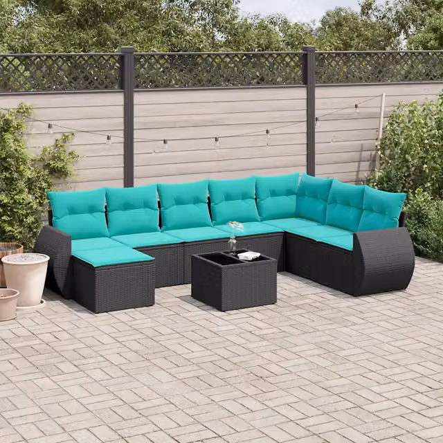 Set Divani da Giardino 9 pz con Cuscini Nero in Polyrattan 3221766