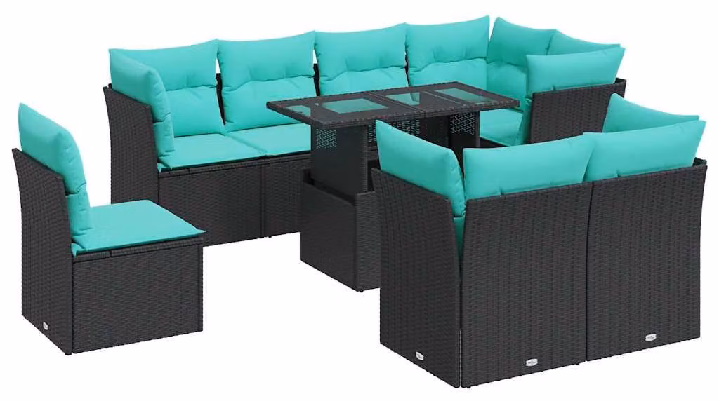Set Divani da Giardino 9 pz con Cuscini Nero Polyrattan Acacia