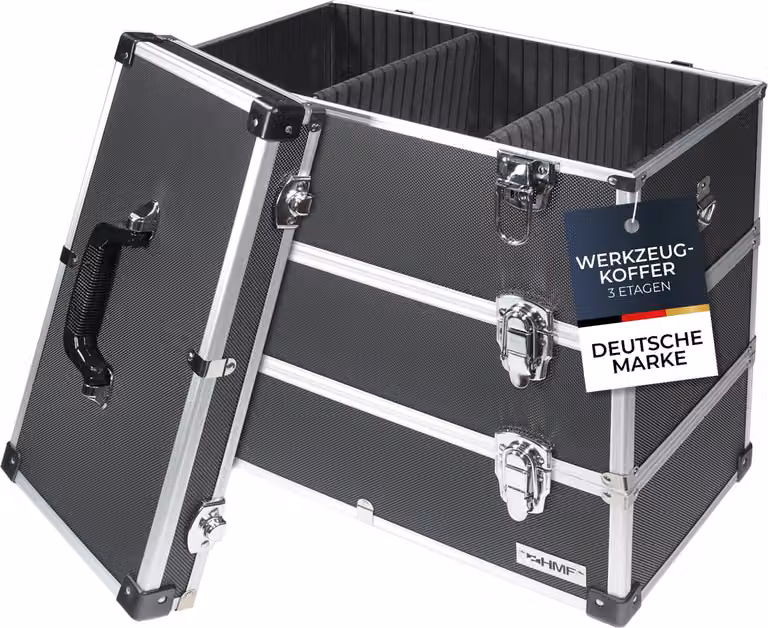 HMF 14661-02 Valigia portautensili in alluminio vuota, 3 ripiani, 44 x 45 x 24 cm, nero