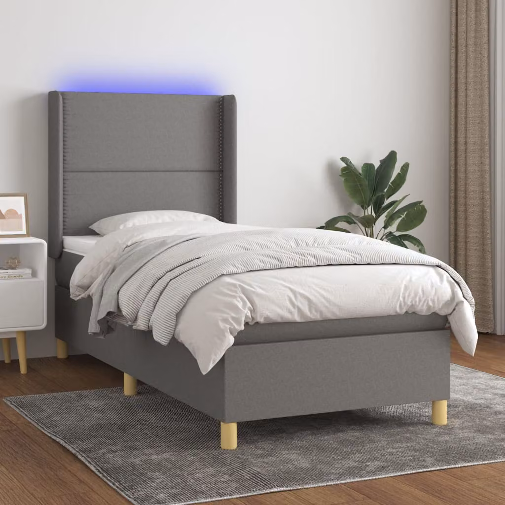 Letto a molle con materasso e illuminazione LED vidaXL in tessuto grigio e bianco, L/P/H: 90 x 190 x 128 cm – 1