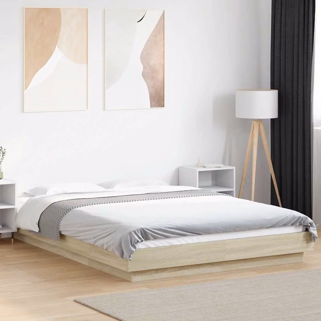 vidaXL Giroletto con Luci LED e Porta USB in Legno Rovere Sonoma, L/P: 140 x 200 cm – 1