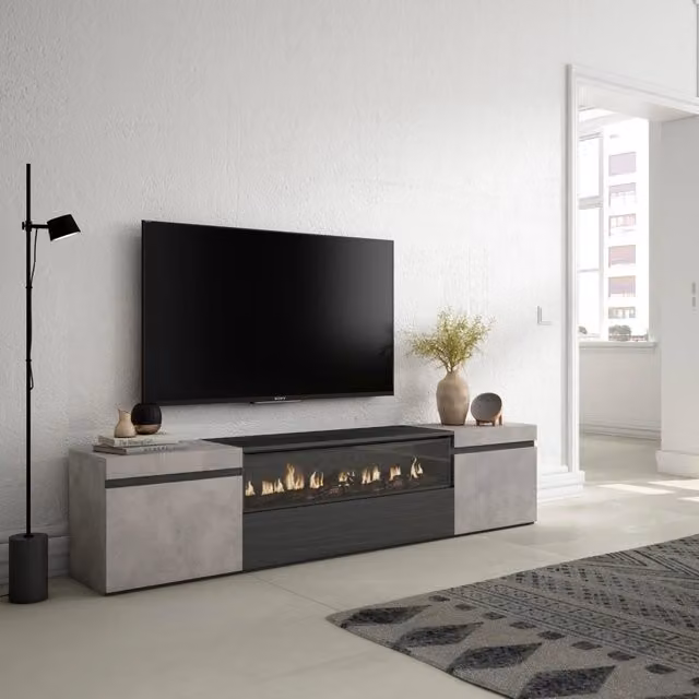 Mobile TV, 200x35x45cm, soggiorno, Per TV fino a 80", Camino elettrico, grigio cemento RF2241