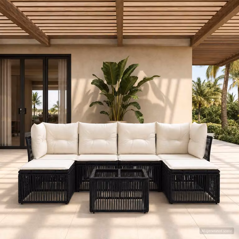 Set Divano da Giardino vidaXL 7 pz Moderno a Forma di L in Polyrattan Nero con Cuscini e Tavolino