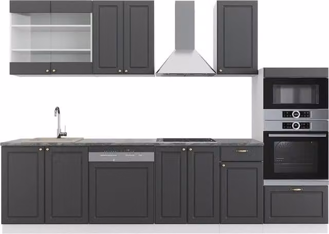 Cucina componibile moderna Fame-Line Vicco Antracite, Oro e Bianco con armadio alto, L: 300 cm