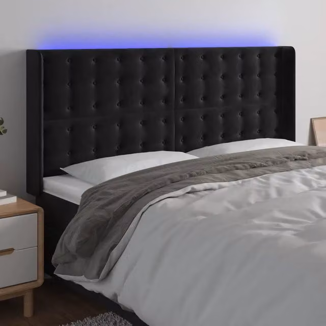 Testiera con LED e porta USB vidaXL in velluto nero L: 203 cm, P: 16 cm, H: 118-128 cm