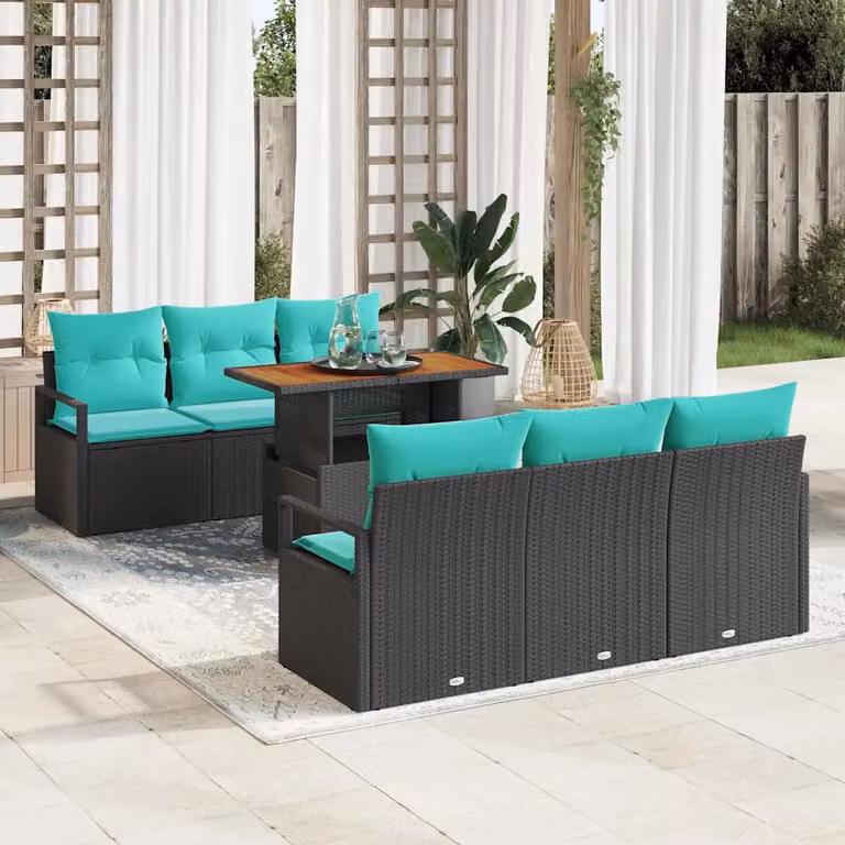 Set Divano da Giardino vidaXL a Forma di L con 7 Pezzi, Nero e Blu