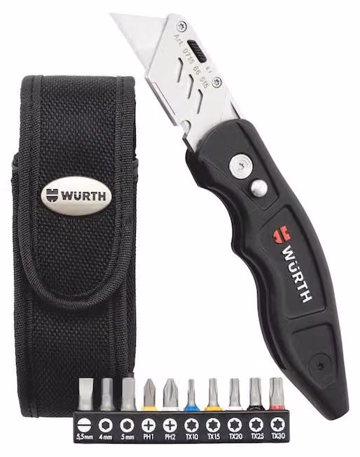 Set di coltelli a lama trapezoidale Würth + 10 punte + astuccio da cintura in nylon