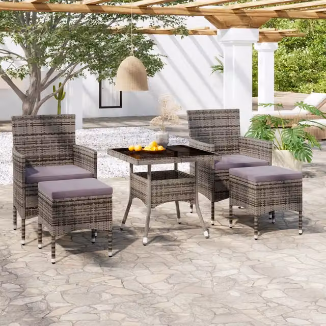 Set Pranzo da Giardino 5 pz Polyrattan e Vetro Temperato Grigio 3058329