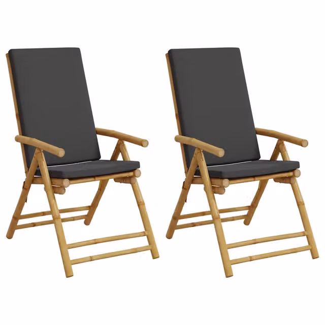 Set di 2 sedie da giardino pieghevoli e reclinabili in legno di bambù con cuscini grigi e braccioli