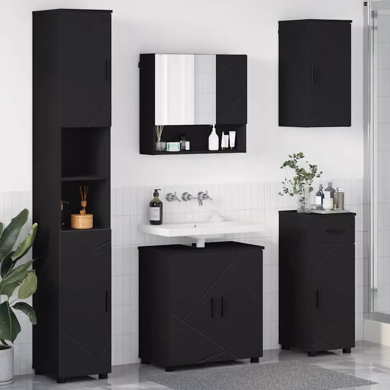 Set di mobili per il bagno moderno vidaXL in nero opaco composto da 5 pezzi con armadietto a specchio, pensile e mobile sottolavabo, L/P/H: 61 x 35 x 64 cm