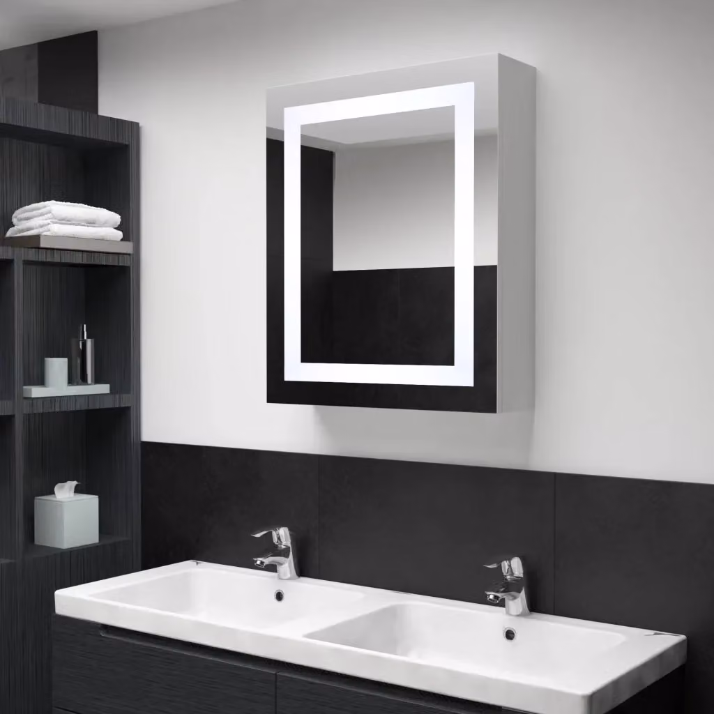 Armadietto da bagno moderno con specchio, illuminazione LED e ante in vetro bianco e argento, L: 50 cm, P: 13 cm, H: 70 cm – 2