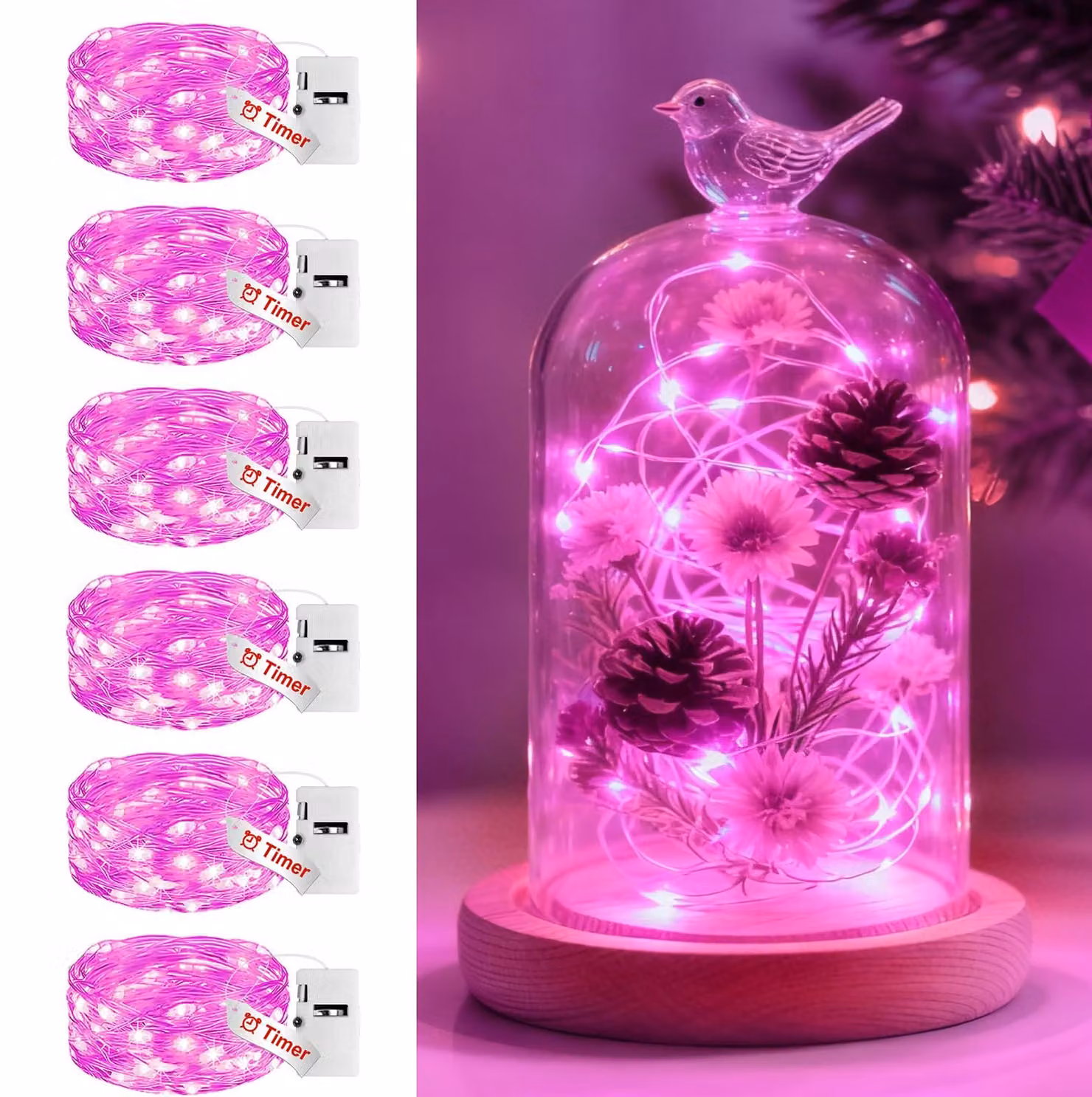 Catena luminosa a LED, 6 pezzi, 3 modalità, timer, 2 metri, 20 LED, rosa