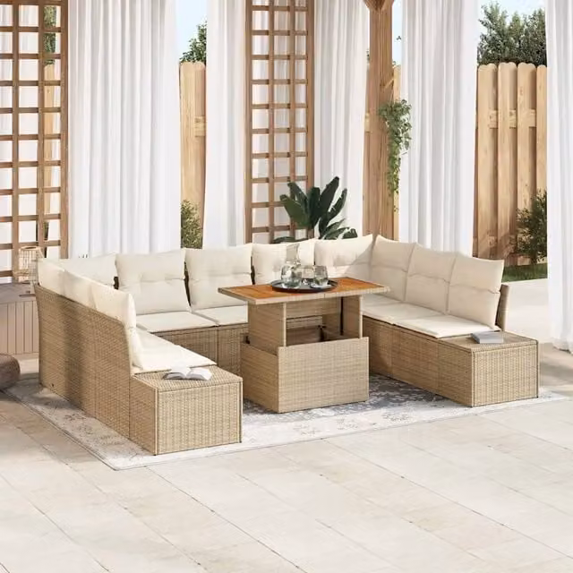Set Divano da Giardino a Forma di U con Tavolino vidaXL, 10 Pezzi, Beige, in Rattan e Metallo con Cuscini Inclusi