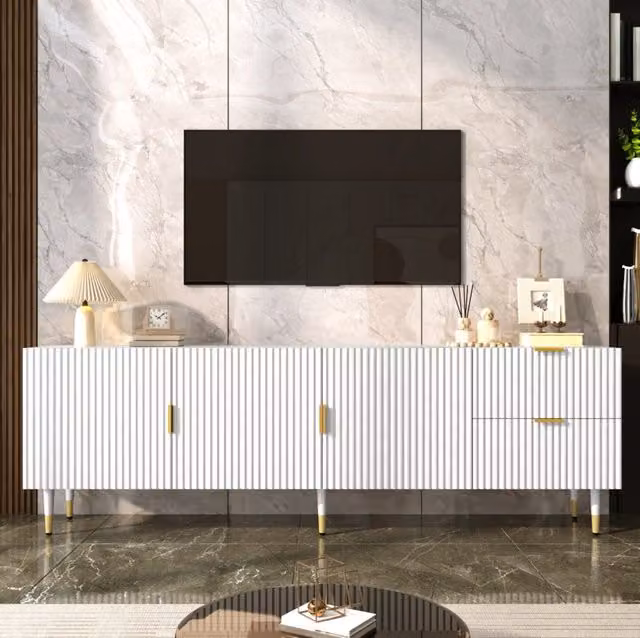 Mobile TV moderno a 3 ante con cassetti; 170 x 35;5 x 55 cm; bianco con dettagli oro