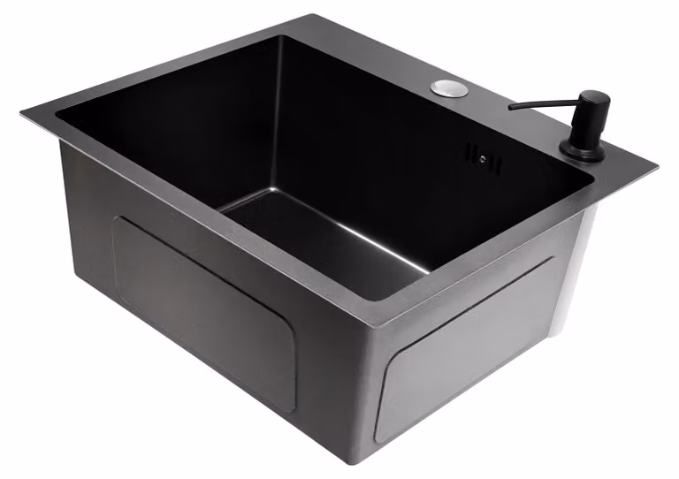 Lavello da cucina con miscelatore - Vasca singola 45x40 cm - Acciaio inossidabile 201 - Rivestimento nano-tecnologico - Scarico a forma di "V" - Colore nero