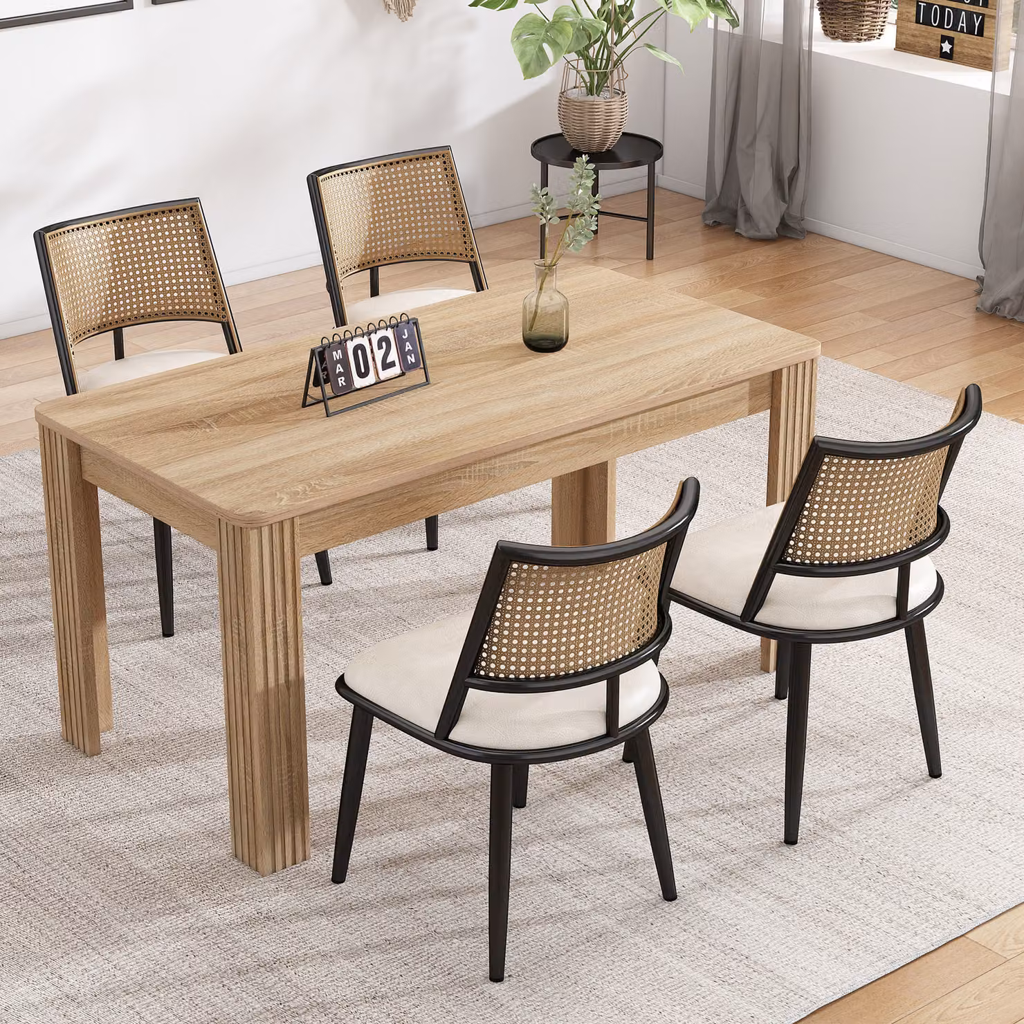 okwish Sedie da pranzo con rivestimento e gambe in legno, sedie da cucina con schienale in rattan, sedie da pranzo per soggiorno e camera da letto, nero (4 pezzi)