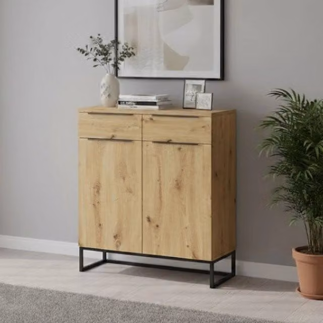Madia Fiastrone DMORA, Credenza Moderna in Rovere Marrone e Metallo, L 78 cm x P 37 cm x H 99 cm