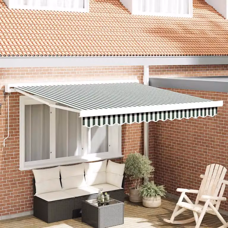 Tenda retrattile vidaXL con bracci pieghevoli in poliestere, Verde e Bianco, L: 300 cm, P: 250 cm, H: 165 cm