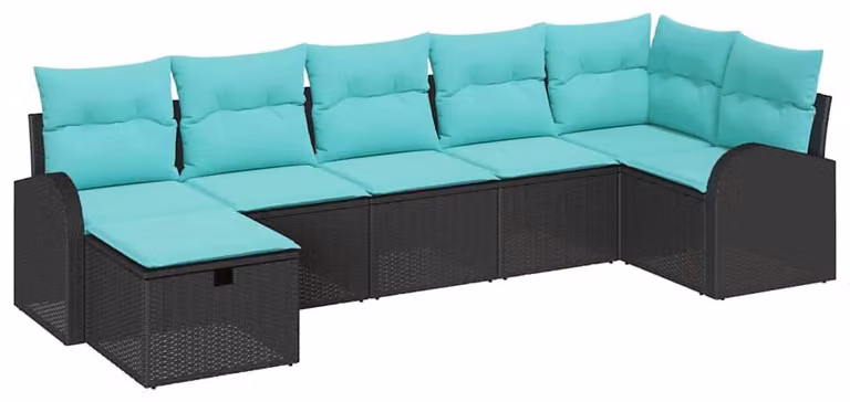 Set da giardino composto da 7 pezzi, colore nero, realizzato in rattan sintetico