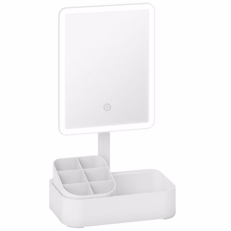Specchio cosmetico LED Moonbite con contenitore, specchio da trucco con batteria da 1000 mAh, tipo C, 2 temperature di luce, dimmer touch, rotazione a 180°, plastica, bianco