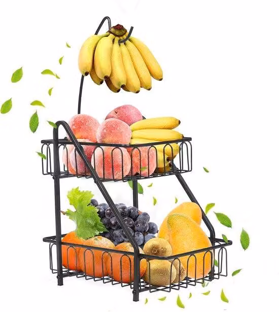Contenitore per la conservazione degli alimenti a 2 ripiani, portafrutta, porta-banane, nero